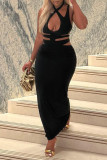 Black Sexy Solid Hollowed Out Sleeveless Two Pieces