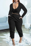 Yellow Casual Solid Bandage Patchwork V Neck Long Sleeve Two Pieces