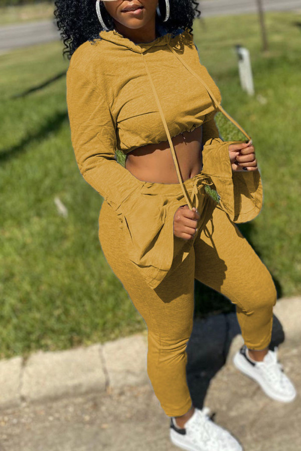 Yellow Sexy Solid Patchwork Hooded Collar Long Sleeve Two Pieces
