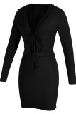 Orange Sexy Casual Solid Bandage V Neck Long Sleeve Two Pieces
