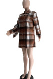 Brown Casual Print Patchwork Buckle Turndown Collar Tops