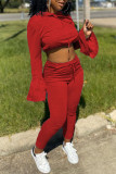 Red Sexy Solid Patchwork Hooded Collar Long Sleeve Two Pieces