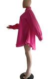 Rose Red Casual Solid Patchwork Buckle Turndown Collar Shirt Dress Dresses