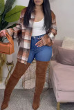 Brown Casual Print Patchwork Buckle Turndown Collar Tops