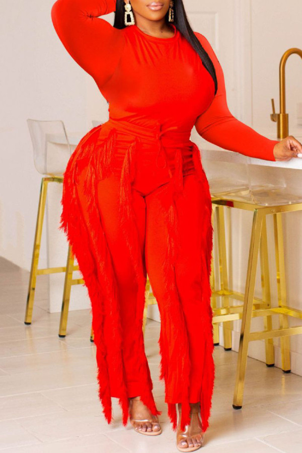 Red Casual Solid Tassel Patchwork O Neck Long Sleeve Two Pieces