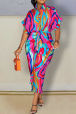 Colour Fashion Casual Print Bandage Patchwork Buckle Turndown Collar Shirt Dress Dresses