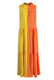 Orange Yellow Fashion Casual Solid Patchwork Contrast Mandarin Collar Sleeveless Dress
