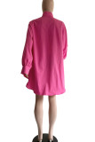 Rose Red Casual Solid Patchwork Buckle Turndown Collar Shirt Dress Dresses
