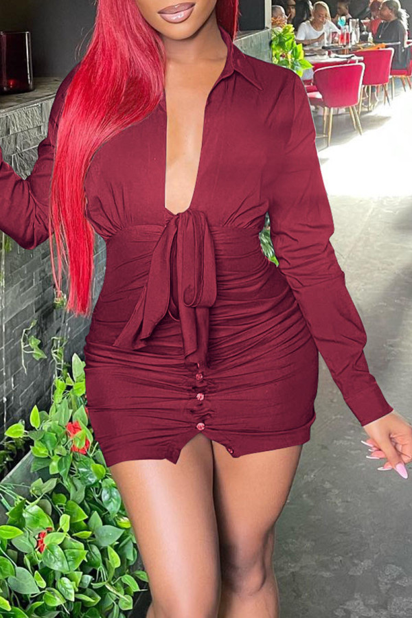 Burgundy Sexy Solid Patchwork Buckle Fold U Neck Dresses