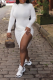 White Sexy Solid High Opening Half A Turtleneck Irregular Dress Dresses