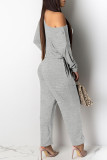 Grey Casual Solid Patchwork Frenulum Oblique Collar Straight Jumpsuits