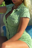 Light Green Fashion Print Patchwork Turndown Collar Skinny Rompers