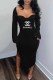 Black Fashion Elegant Print Slit Letter Square Collar One Step Skirt Dresses