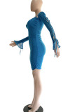 Peacock Blue Sexy Solid Bandage Hollowed Out Patchwork Asymmetrical Collar Pencil Skirt Dresses