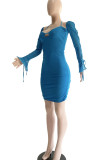 Peacock Blue Sexy Solid Bandage Hollowed Out Patchwork Asymmetrical Collar Pencil Skirt Dresses