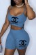 Light Blue Fashion Casual Print Letter Spaghetti Strap Sleeveless Two Pieces