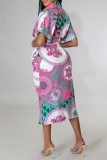 Rose Red Fashion Casual Print Patchwork Turndown Collar Shirt Dress