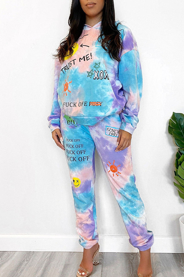 Multicolor Casual Street Letter Print Patchwork Hooded Collar Long Sleeve Two Pieces