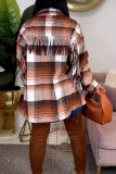 Brown Casual Print Patchwork Buckle Turndown Collar Tops