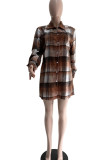 Brown Casual Print Patchwork Buckle Turndown Collar Tops