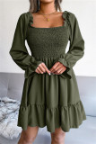 Army Green Fashion Casual Solid Patchwork Square Collar Long Sleeve Dresses
