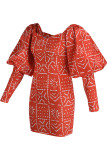Red Fashion Casual Print Patchwork V Neck Long Sleeve Dresses