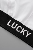 Black Sexy Casual Letter Print Patchwork Backless Spaghetti Strap Sleeveless Two Pieces