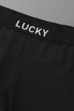 Black Sexy Casual Letter Print Patchwork Backless Spaghetti Strap Sleeveless Two Pieces