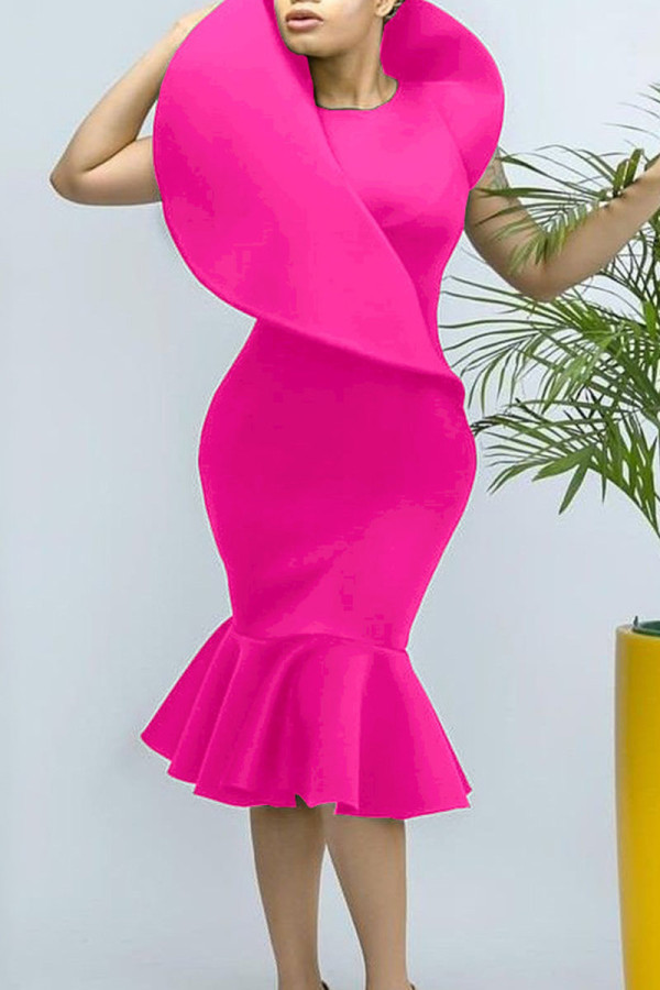 Rose Red Elegant Solid Patchwork Flounce O Neck Trumpet Mermaid Dresses