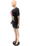 Black Fashion Casual Print Patchwork O Neck Short Sleeve Dress