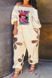Apricot Fashion Casual Print Hollowed Out Off the Shoulder Regular Jumpsuits