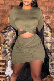 Green Sexy Solid Patchwork O Neck Long Sleeve Two Pieces