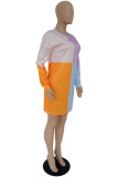 Pink Fashion Casual Letter Print Patchwork Contrast O Neck Long Sleeve Dresses