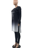 Red Fashion Casual Gradual Change Print Patchwork Slit V Neck Long Sleeve Two Pieces