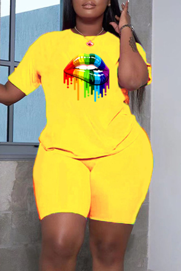 Yellow Casual Print Patchwork O Neck Short Sleeve Two Pieces