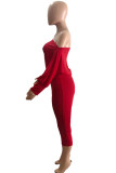 Red Fashion Casual Solid Patchwork Backless Oblique Collar Regular Romper