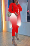Red Fashion Casual Gradual Change Print Patchwork Slit V Neck Long Sleeve Two Pieces