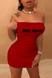 Red Sexy Print Patchwork Strapless Pencil Skirt Dresses