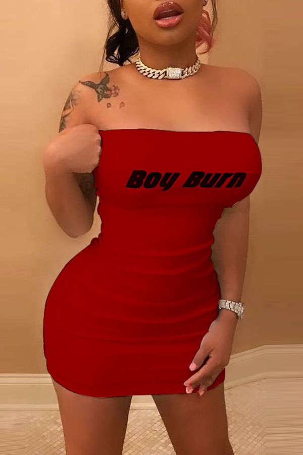 Red Sexy Print Patchwork Strapless Pencil Skirt Dresses