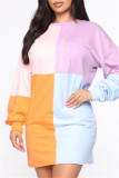 Pink Fashion Casual Letter Print Patchwork Contrast O Neck Long Sleeve Dresses