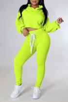 Fluorescent Yellow Casual Solid Bandage Patchwork Hooded Collar Long Sleeve Two Pieces