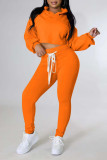 Orange Casual Solid Bandage Patchwork Hooded Collar Long Sleeve Two Pieces