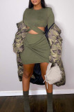 Green Sexy Solid Patchwork O Neck Long Sleeve Two Pieces