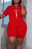 Red Casual Print Patchwork O Neck Short Sleeve Two Pieces