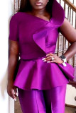 Purple Elegant Solid Patchwork Flounce Zipper Asymmetrical Collar Tops