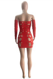 Red Fashion Sexy Solid Ripped Hollowed Out Backless Off the Shoulder Long Sleeve Dresses