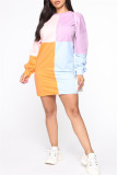 Pink Fashion Casual Letter Print Patchwork Contrast O Neck Long Sleeve Dresses
