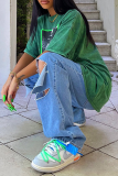 Green Fashion Print Patchwork O Neck T-Shirts