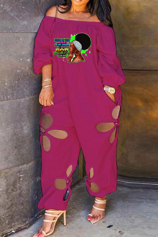 Rose Red Fashion Casual Print Hollowed Out Off the Shoulder Regular Jumpsuits