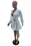 White Fashion Casual Solid Bandage V Neck Long Sleeve Two Pieces
